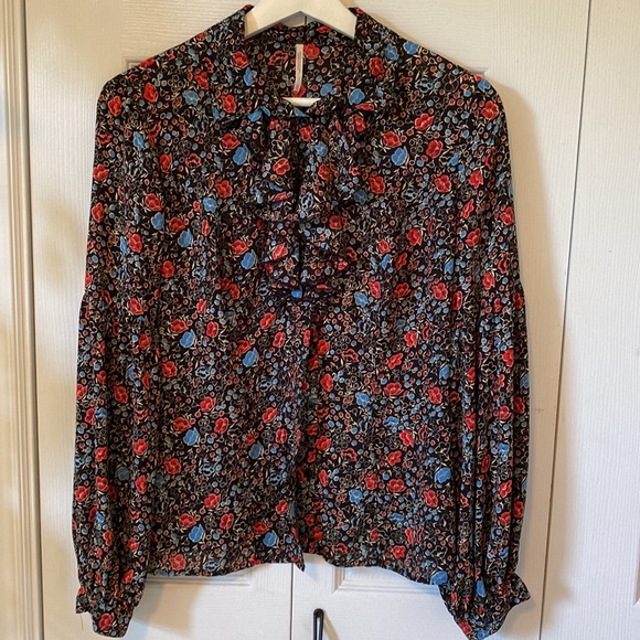 Free People botanical floral blouse ruffle jabot balloon sleeves button front - Picture 2 of 14